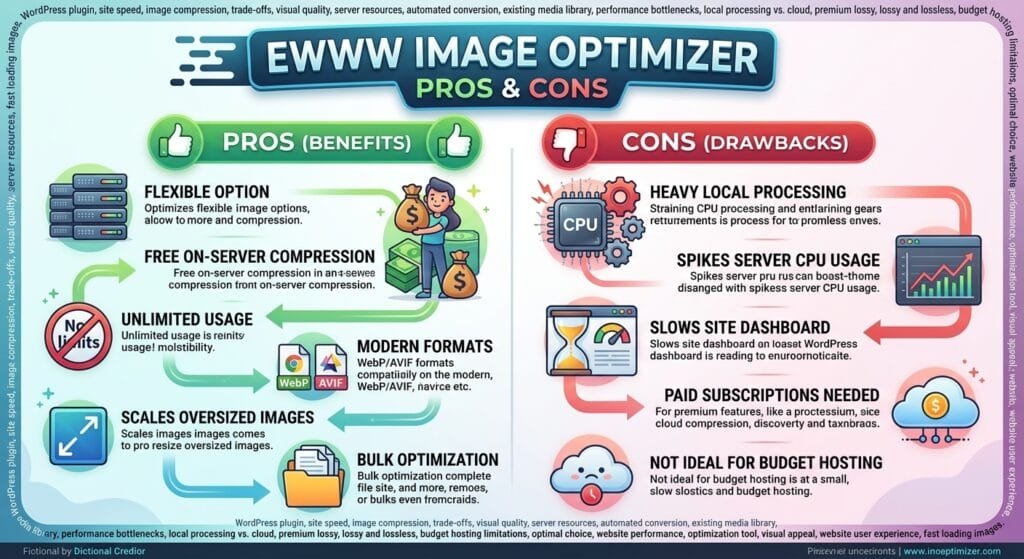 An infographic summarizing the pros and cons of the EWWW Image Optimizer WordPress plugin.