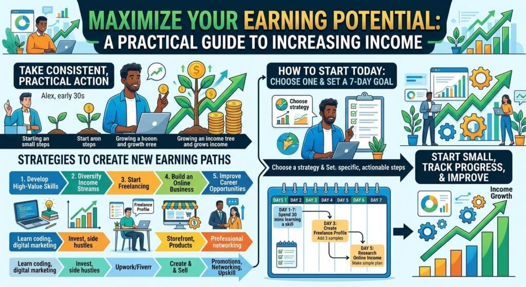 Learning how to increase your income starts with taking consistent, practical action. Developing high-value skills, diversifying your income streams, freelancing, building an online business, and improving your career opportunities can all create new ways to earn.