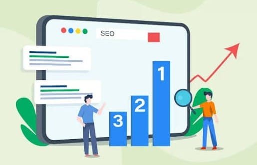 SEO illustration showing search results, ranking bars, and an upward trend arrow.
