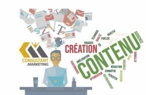 Content creation and digital marketing illustration with a person at a computer.