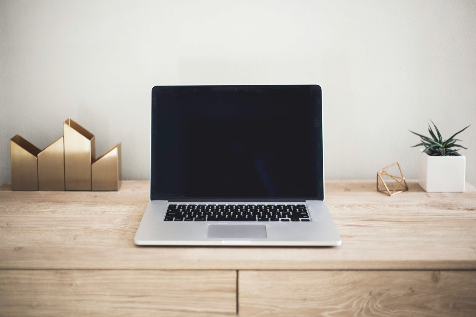 Laptop on a wooden desk with office organizers and a potted plant.