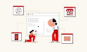Website Communication Channels and Digital Marketing Illustration of website communication channels, including a globe, online store, mobile app, and email, connected to a central website.
