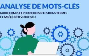 keyword research Illustration of keyword research with a person using a laptop and gears, for an SEO keyword analysis guide.