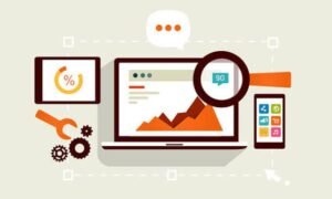 SEO Analysis and Digital Marketing Optimization Illustration of SEO analysis on a computer screen, with a magnifying glass, search icon, and digital marketing elements.