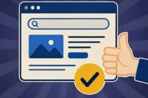Illustration of a website search result with a checkmark indicating successful SEO optimization. Illustration of a website search result with a checkmark indicating successful SEO optimization.